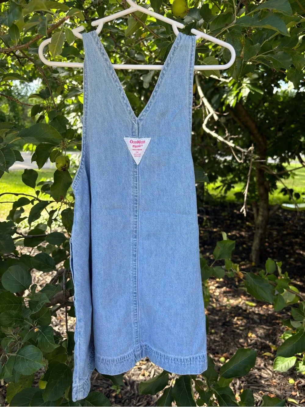 Vintage Osh Blue Denim Kids Overall Dress with Embroidered Hearts
